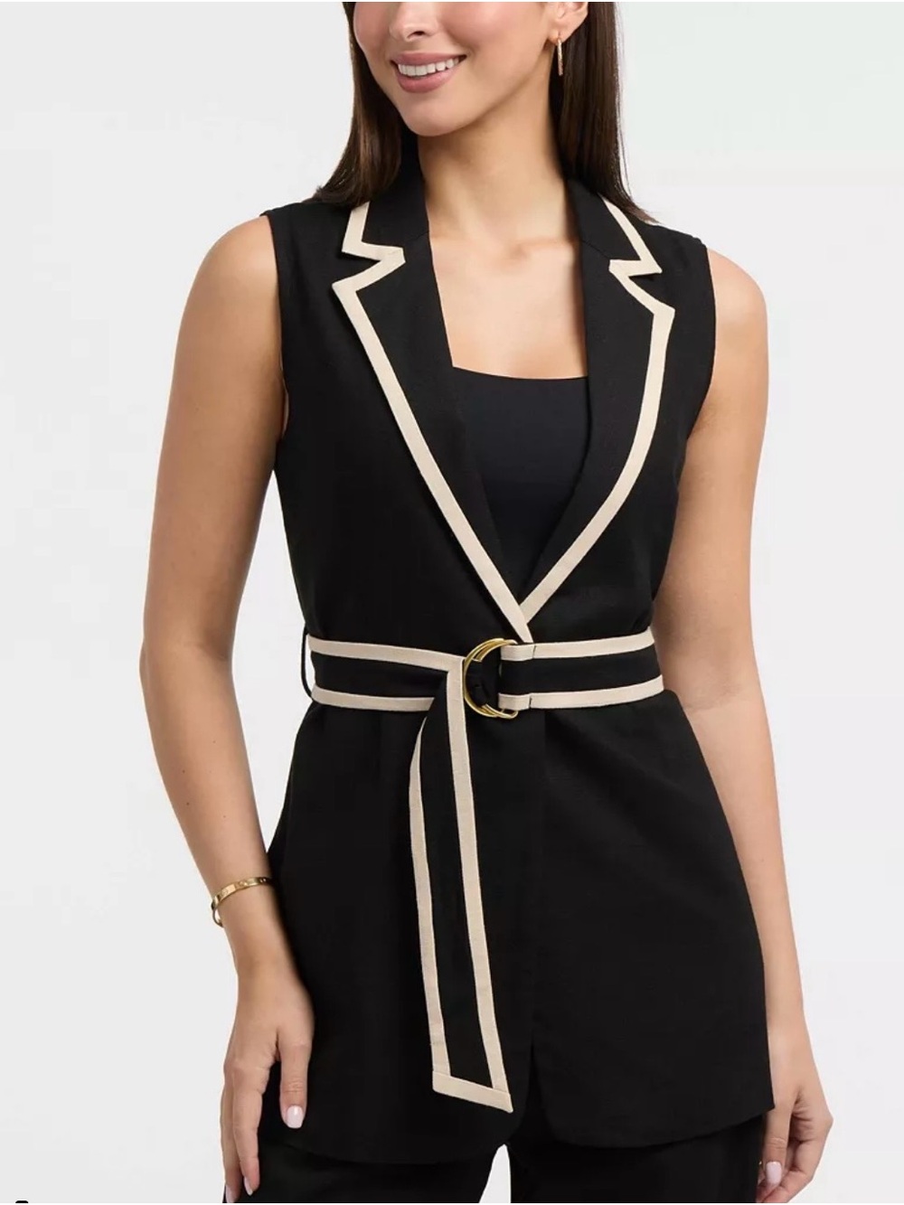 Ellen Tracy Black Sleeveless Blazer Vest with Cream Trim